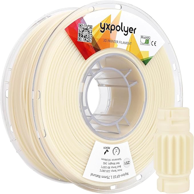 Nylon Glass Filled Filament Nylon Glass Fiber 3D Printer Filament PA6-GF Dyable Nautre White, with AMS-Compatible Reusable PC Spool (PA6-GF White)