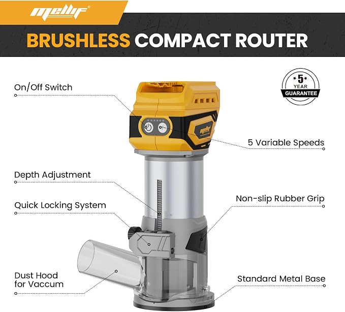 Cordless Brushless Compact Router Compatible with Dewalt 20V 60V Battery(Bare Tool),Palm Router with 5 Speed,28000RPM 600W, Fixed Base, 12PCS 1/4" Router Bits for Woodworking, Edge Trimming, Grooving