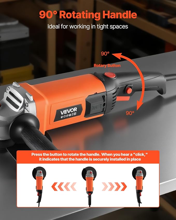 VEVOR Angle Grinder, 7" Electric Grinder Power Tool, 13Amps 8500RPM High-Speed Corded Angle Grinders with 270° Adjustable Dust Guard for Metal Grinding, Cutting, Rust Removal (Disc Not Included)
