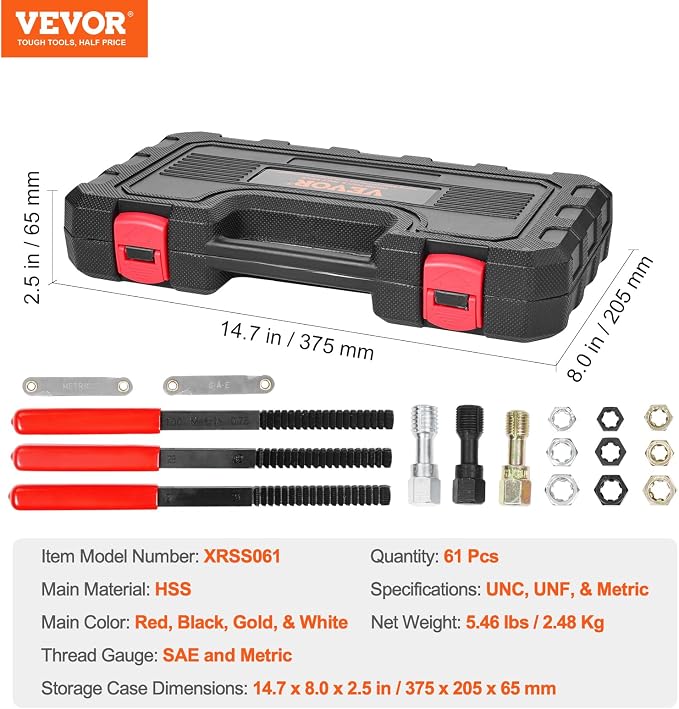 VEVOR Thread Restorer Kit 61Piece Thread Chaser Set - UNC UNF and Metric Thread Restorer Tool wit Thread Files Storage Case - Heat Treated Steel for Mechanics DIY Enthusiasts