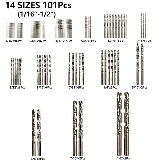 Cobalt Drill Bits Set for Hardened Metal and Stainless Steel, 101Pcs M35 High Speed Steel Twist Jobber Drill Bits 1/16"-1/2", with Plastic Index Storage Case