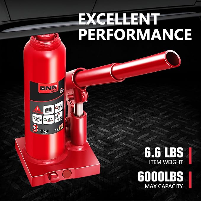 DNA Motoring 3 tons / 6000 lbs Lifting Automotive Welded Hydraulic Bottle Jack for Repair Vehicle, Pickup, Truck, w/Manual Handle, Red,TOOLS-00349