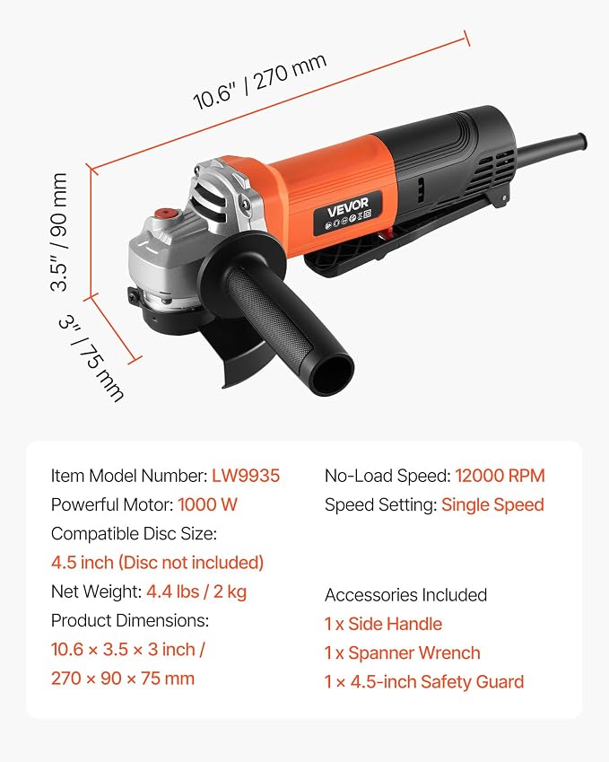 VEVOR Angle Grinder, 4-1/2" Electric Grinder Power Tool, 8Amps 12000RPM High-Speed Corded Angle Grinders with 230° Adjustable Dust Guard for Metal Grinding, Cutting, Rust Removal (Disc Not Included)
