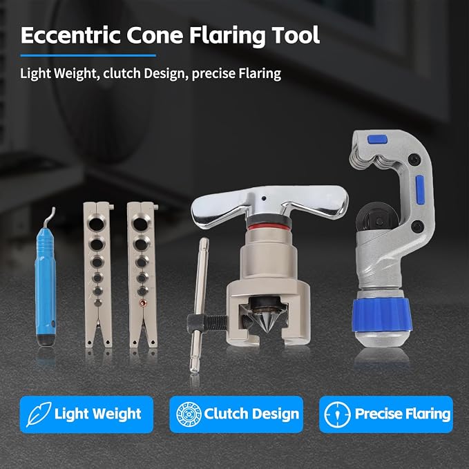 Brake Line Flaring Tool Kit Pipe Expander Set 1/4" - 3/4" Tubing Pipe Flare Tool HVAC 45° Eccentric Cone Type Flaring Tool with Pipe Cutter for Brass Copper Aluminum Pipes Refrigeration (5 in 1 Kit)