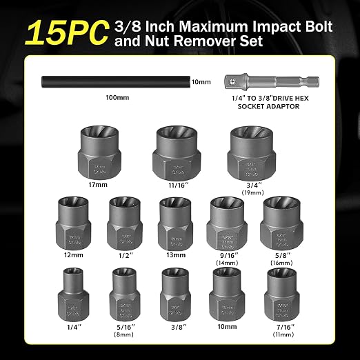 15Pcs Bolt Extractor Socket Set, Heavy-Duty Nut Socket Set, 3/8" Drive Impact Stripped Bolt Remover & Locking Lug Nut Tool for Damaged/Frozen/Rusted Bolts, Nuts & Screws, Storage Case Included