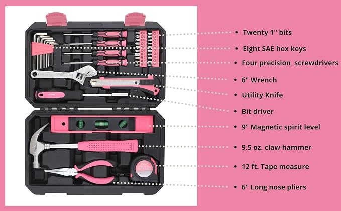 Apollo Tools 39 Piece General Household Tool Set in Toolbox Storage Case with Essential Hand Tools for Everyday Home Repairs, DIY and Crafts - Pink Ribbon - DT9711P