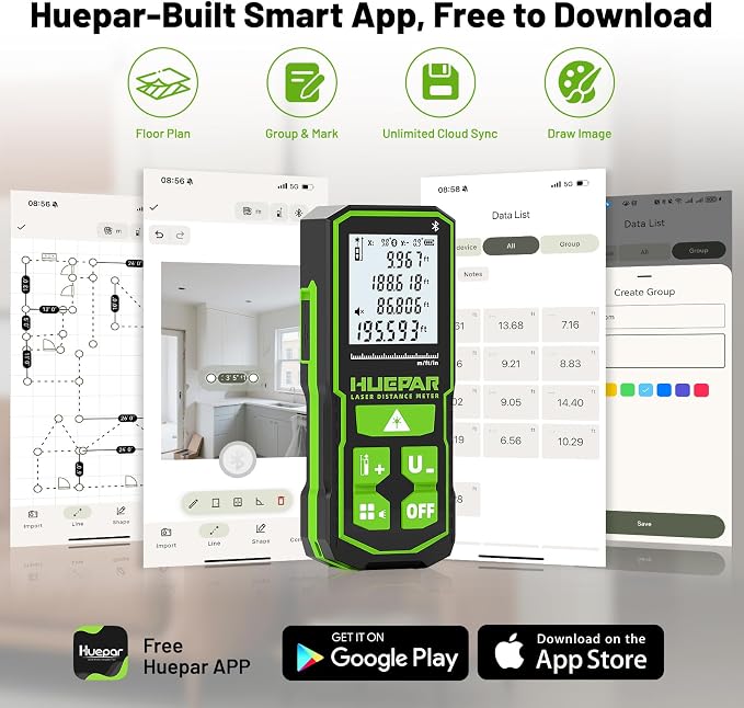 Huepar 200Ft Bluetooth Laser Measuring Tool S60-BT, APP Control, Rechargeable USB-C Laser Distance Meter, ±1/16" High Accuracy, Angle Sensor, IP54, for Distance/Area/Volume, Gifts for Men