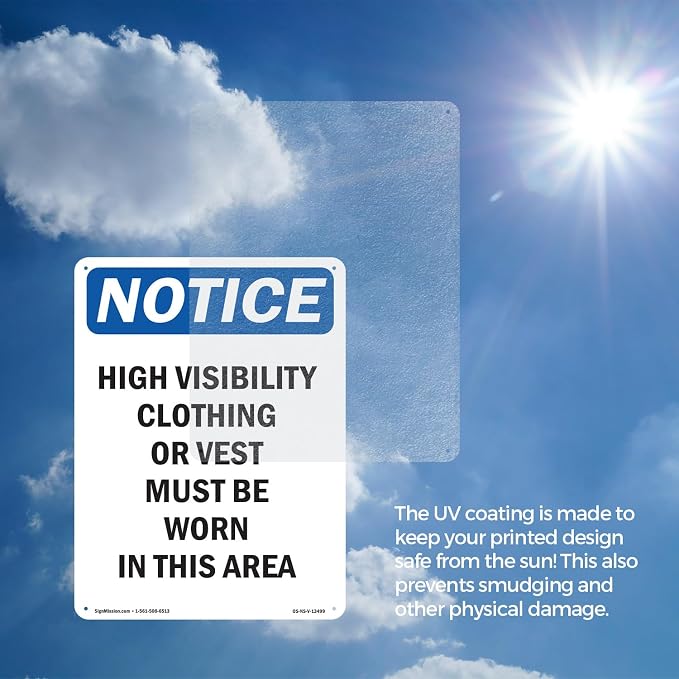 High Visibility Clothing Or Vest OSHA Notice Rigid Plastic Sign 18 Inch x 12 Inch - 5 Pack