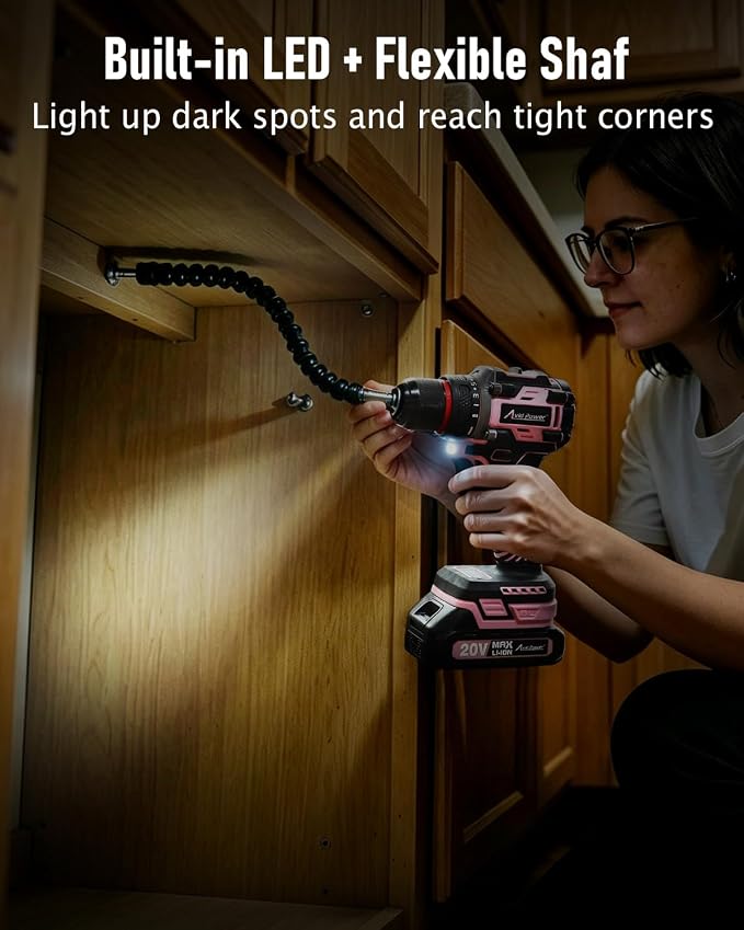AVID POWER Brushless Power Drill Set, 20V Cordless Drill Driver Kit with 2.0Ah Battery and Charger, 3/8-Inch Metal Chuck, 355 In-lbs Torque, 2-Variable Speed, 26 Position and 22pcs Accessories-Pink
