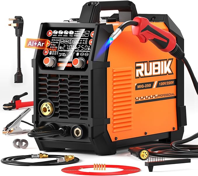 RUBIK Aluminum MIG Welder 250Amp, 5 in 1 MIG/Stick/Lift TIG Welder | Gas Gasless Digital MIG Welder 110V/220V Dual Voltage LCD Display Welding Machine, Professionals Multi Process Welder