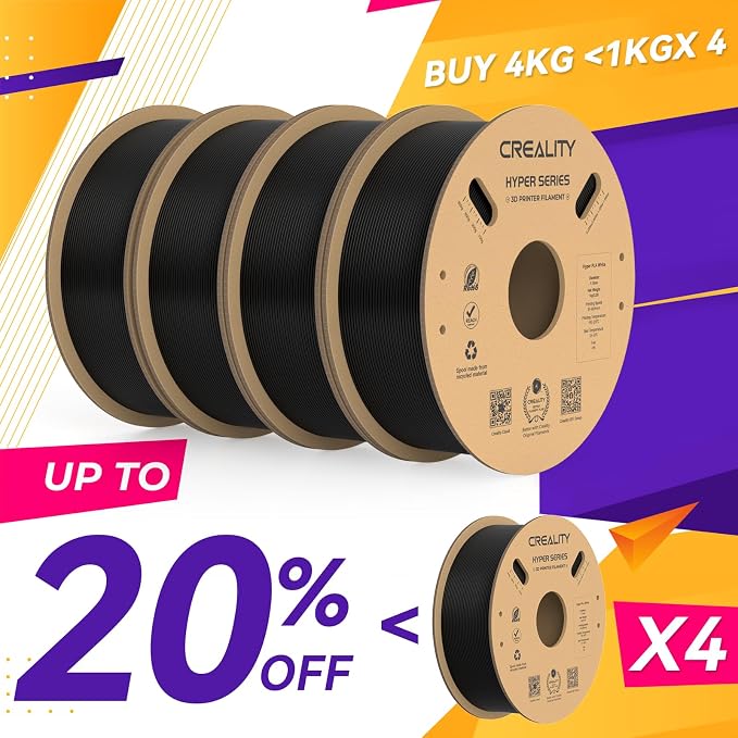 Creality Hyper PLA Filament 1.75mm, 30-600mm/s High Speed 3D Printer Filament, Dimensional Accuracy +/-0.02mm, Fit Most FDM 3D Printers, 4 Pack 1kg Spool(2.2lbs), Black