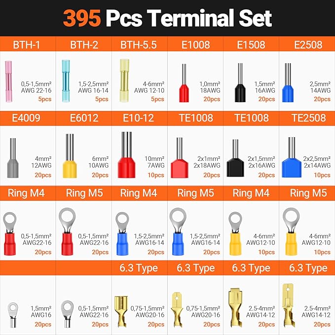 Preciva 6 PCS Crimping Tool Set with 395 PCS Connectors, Ratcheting Wire Crimper Tool for Heat Shrink,Insulated Connectors,Open Barrel,Circlip Terminals,Tube Terminals,Solar