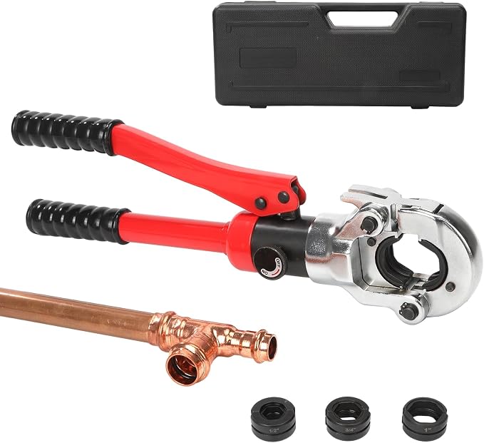 Hydraulic Copper Tube Crimping Tool with 3 Interchangeable Dies (1/2", 3/4", 1") Applicable to Stainless Steel and Copper Pipes, Ideal for Plumbing, HVAC, Refrigeration & Industrial Piping Projects