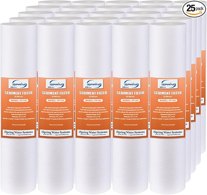 iSpring FP120X25 10" x 2.5" Universal Multi-layer Water Sediment Filter Replacement Cartridges 20 Micron, 25 Pack, White