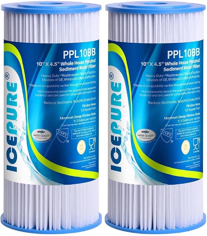 ICEPURE 5 Micron 10" x 4.5" Whole House Water Filter Compatible with GE FXHTC 2 Pack and 10" x 4.5" Whole House Pleated Water Filter Replacement 2Pack