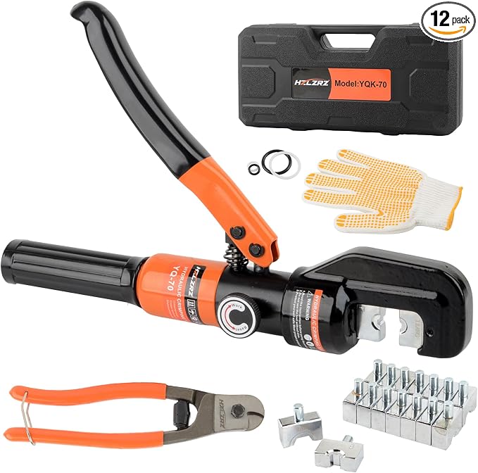 HZLZRZ Hydraulic Crimping Tool and Battery Cable Crimper Tool, Rope Cutter, Wire Crimping Tool Range 12AWG-2/0AWG, 9 Pairs Of Dies For Electrical Terminal Cable Tool Kit (YQK/70)