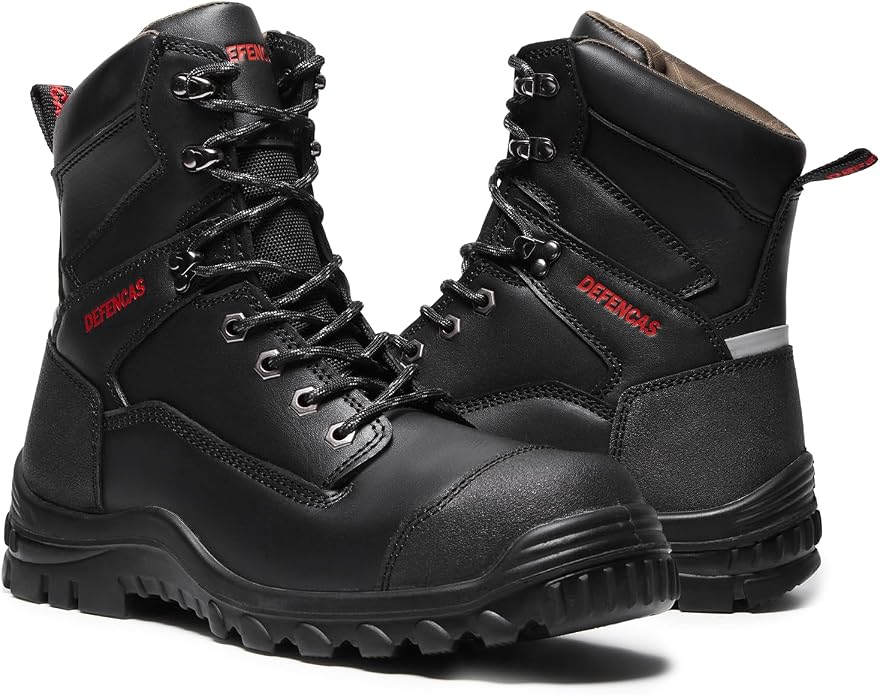 Men’s 6” & 8” Composite Toe Work Boots, Electrical Hazard Safety Boots for Men, Full-Grain Leather Construction Boots, Slip Resistant Rubber Outsole, Removable Memory Foam PU Insole