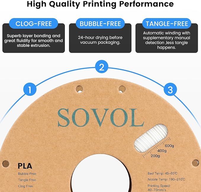 Sovol PLA 3D Printer Filament 2kg (4.4 lbs) Spool Printing Materials, Wiring Tightness, Dimensional Accuracy +/- 0.03 mm, 1.75 mm, Black+White