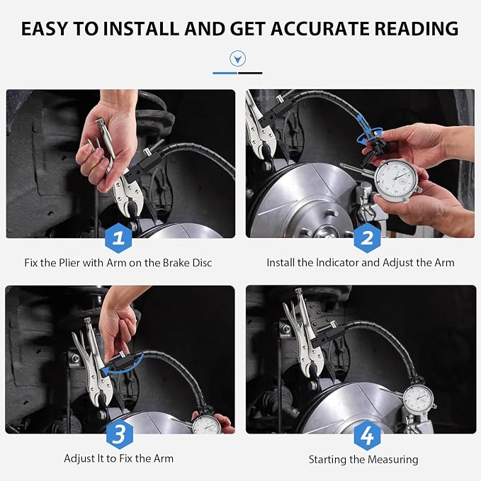 Disc Brake Rotor and Ball Joint Runout Gauge Set, Automobile Brake Disc Flatness Measuring Tool with 0–1" Range, 0.001" Resolution Indicator and 360 Deg Flexible Stem Holder