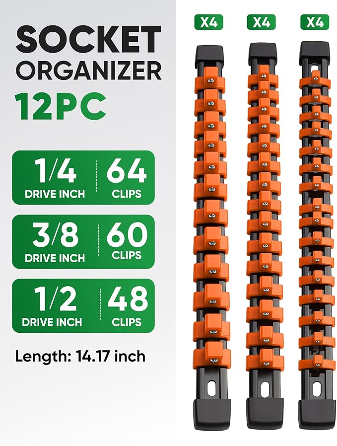 ALOANES 12PC Socket Organizer, Socket Rails Fit 1/2", 1/4" and 3/8" Drive | Heavy Duty ABS Socket Holders Hold up 172 Sockets for Mechanics Toolbox Drawer Bags(Orange)