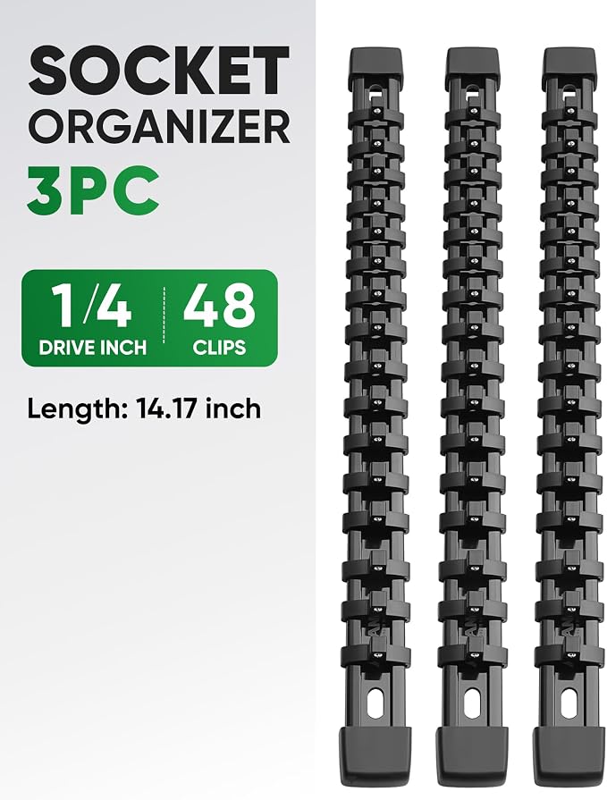ALOANES 3PC ABS Socket Organizer, Socket Rails Fit 1/4 inch Drive | Portable Heavy Duty Socket Holders Hold up 48 Sockets for Toolbox Drawer Bags(Black)
