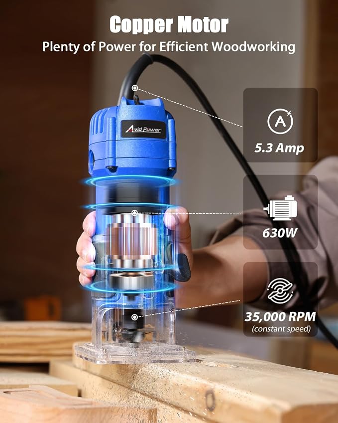 AVID POWER 630W 5.3 Amp Wood Router Tool with Fixed Base Compact Router for Woodworking, 35,000 RPM, 1/4” collet & 5 Trim Bits, Straight & Roller Guide, 2 Wrenches and Carbon Brushes - Blue
