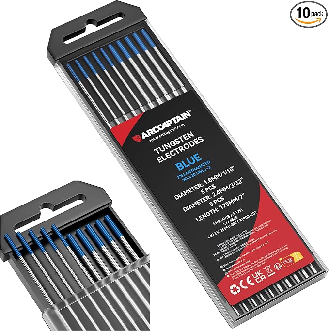 ARCCAPTAIN TIG Tungsten, TIG Welding Tungsten Electrode Blue 2% Lanthanated 5pc 1/16" x 7" & 5pc 3/32" x 7" (WL20/EWLa-2)