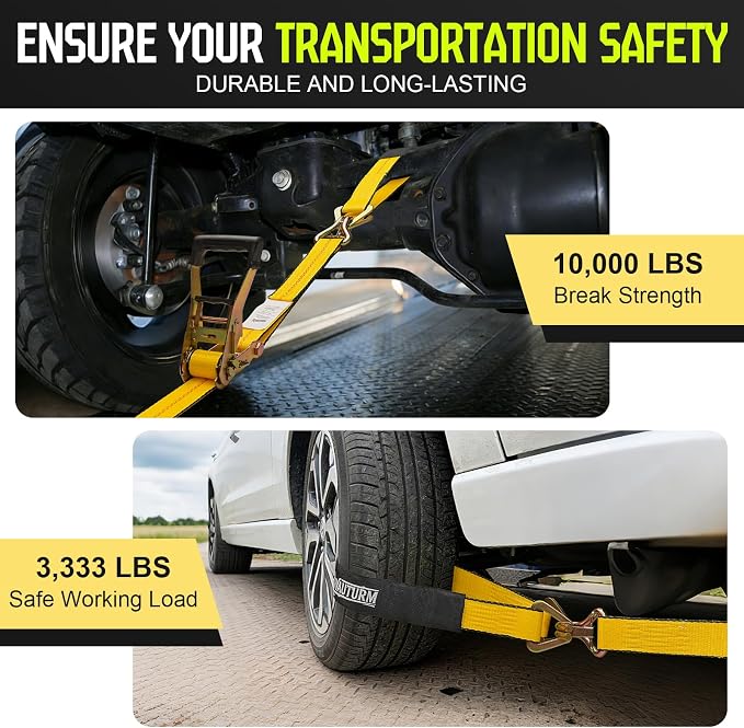 4 Pack Car Tie Down Straps for Trailers - 2" x 10' Ratchet Straps with J-Hooks and 2" x 38'' Axle Straps 10,000lbs Break Strength Heavy Duty Car Hauler Tire Straps for Car, Trailer, UTV Transport