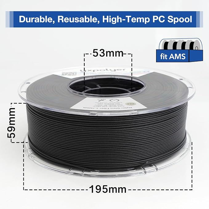 YXPOLYER Nylon Glass Filled Filament Black Nylon Glass Fiber 3D Printer Filament PA6-GF 1kg with Reusable PC Spool
