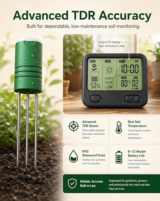 Soil Moisture Meter for Plants, Multi-Zone Wireless Soil Test Kit & Soil Thermometer, TDR 4-in-1 Plant Water Meter, 230ft RF, IPX5 Waterproof, Indoor Outdoor Garden Lawn Farm(Display+2Sensor)