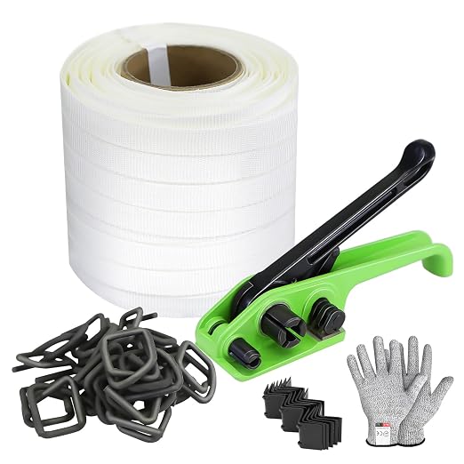 Banding Strapping Kit with 3/4" x 330 ft Woven Cord Band 50 pcs Phosphate Wire Buckles Tensioner Tool for Pallet Box Packaging