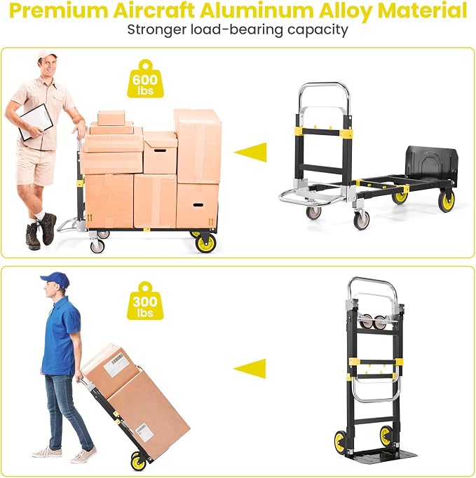 3-in-1 Convertible Heavy Duty Folding Hand Truck Dolly, 600LB Capacity with Rubber& Wheels Telescoping Handles, Portable Collapsible Cart for Warehouse, Supermarket, Office (Yellow)