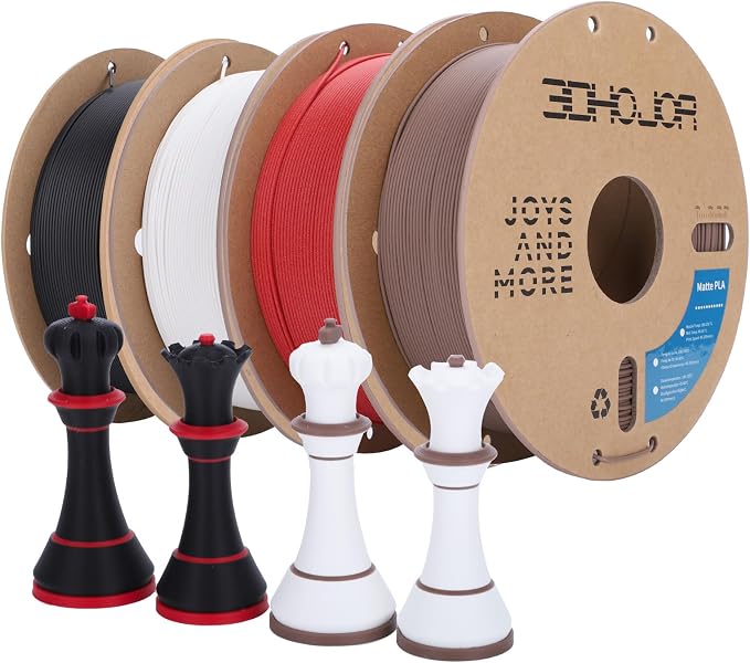 3DHoJor Matte PLA Filament 1.75mm 1kg*4 Bundle Cardboard Spool PLA Filament 1.75 PLA 3D Printing Filament, Print with Most 3D Printers 3D Filament-Deep Black/Milky White/Fire Engine red/Brown