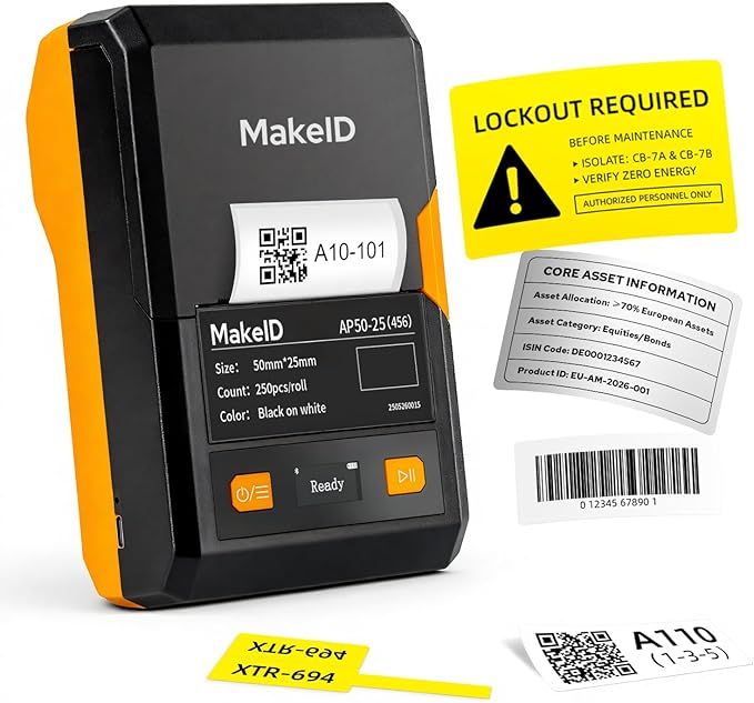 Makeid EP53 Portable Industrial Label Maker, 2" Print Head Bluetooth Printer, Mobile APP & PC Editor Compatible, 2600mAh Li-ion Battery. Comes with 1" H x 2" W Label, Rugged Design for Tough Job Sites