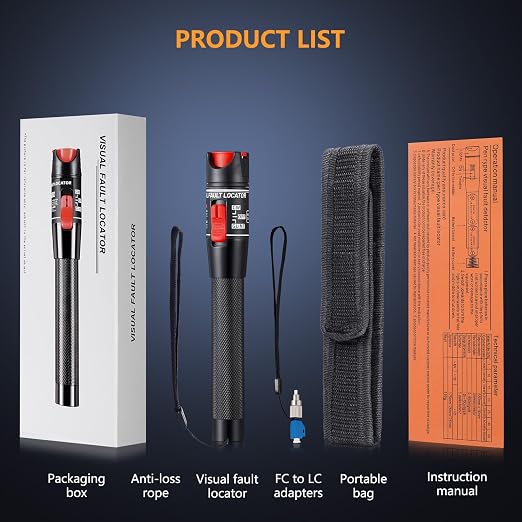 Visual Fault Locator 50KM - VFL Fiber Optic Tester Kit with Universal 2.5mm Connector, Includes FC to LC Adapter, Compatible Single Mode 9/125um & Multimode, Fiber Light & Laser for CATV Telecom