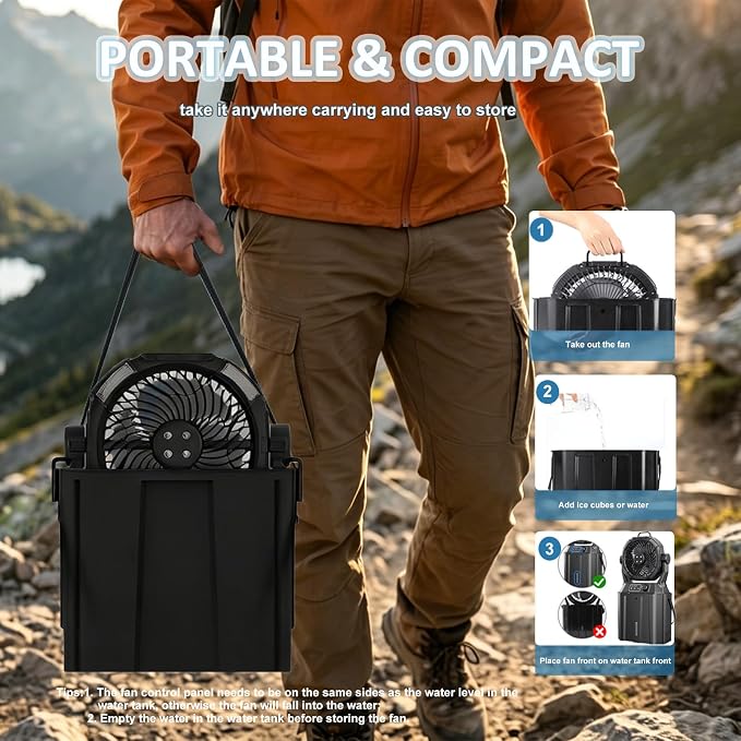 Wilody Portable Misting Fan 20000mAh Rechargeable Battery, 6L Bucket Outdoor Mist Fans Patios Cooling, Camping Fan with LED Light Modes & Stepless Speed Control, 4 Spray Mister, Timer Function(Black)