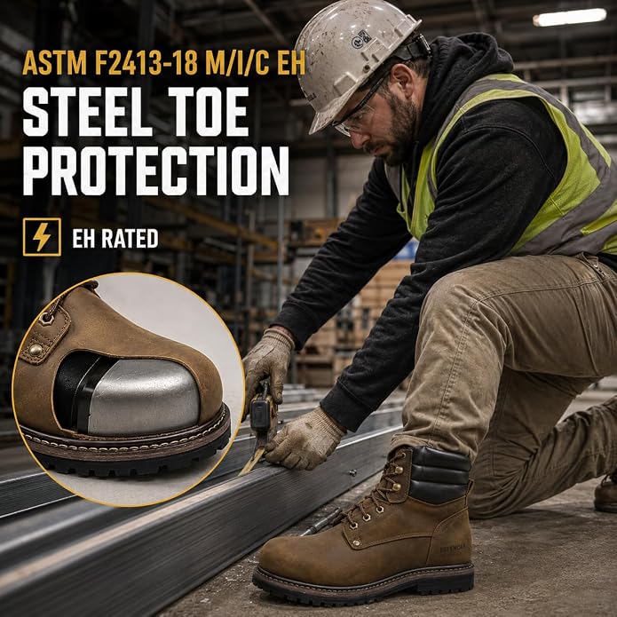 Men's 6" Leather Steel Toe Work Boots for Men, Oil/Slip Resistant Rubber Sole, Men's Safety Construction Boots. 84710