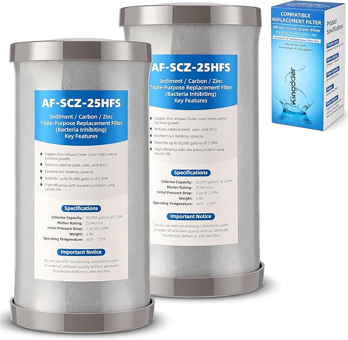 Kingdder Water Filter Compatible with Fortitude V2 Af Scz 25hfs Cartridge Replacement Filter for Home Whole House Filtration System, Triple-Stage Sediment, Carbon & Zinc, Standard Size(2 Pcs)