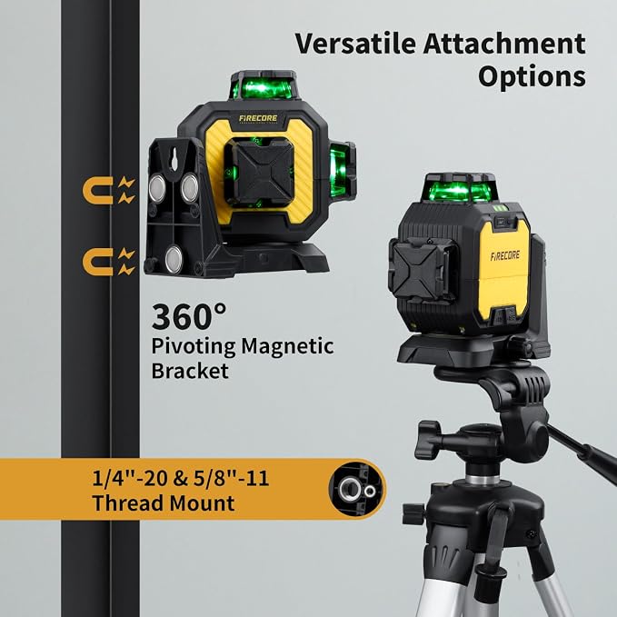 Firecore Laser Level 360 Self Leveling, 1/13" High Accuracy, Rechargeable Green Cross Line Laser for Construction and Picture Hanging, Outdoor Pulse Mode Up To 197ft, Hard Case Included