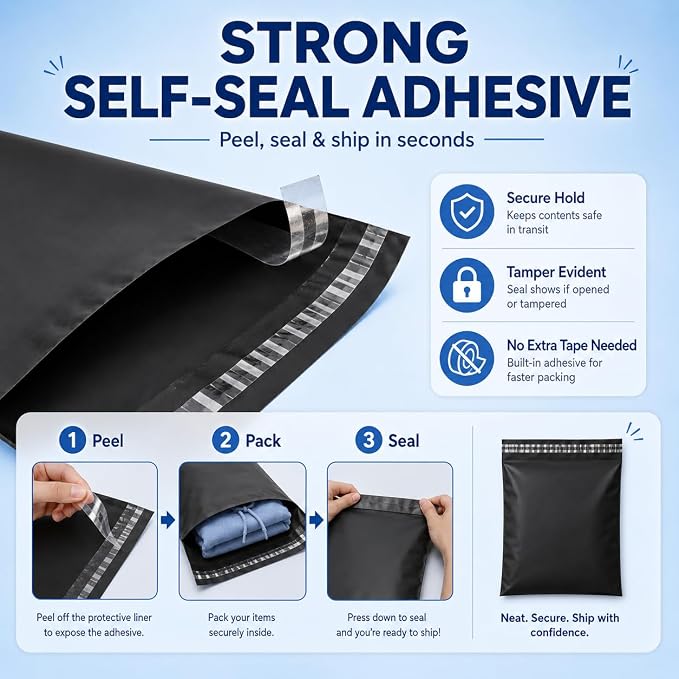Fuxury Large Poly Mailers 14.5x19" 100Pcs,Shipping Bags for Clothing,Black | Heavy Duty Self Seal Mailing Envelopes,Durable Opaque Packaging Mailers Poly Bag For Large Clothes Business,Boutique&Online