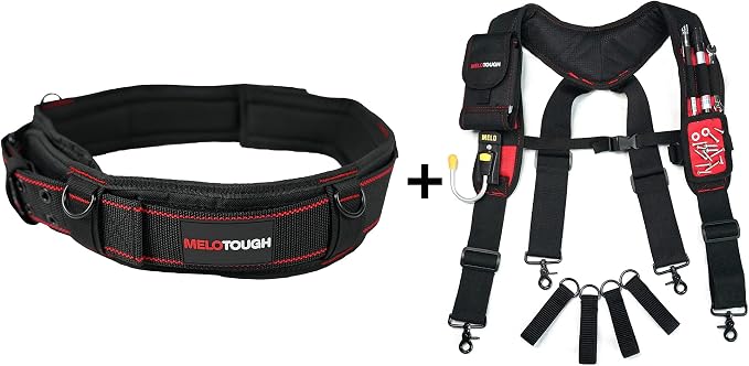MELOTOUGH 1 PACK Tool Belt with D ring and Strong Durable Double Metal Roller Buckle,Adjustable waist + 1 PACK Magnetic Suspenders Tool Belt Suspenders with Large Moveable Phone Holder