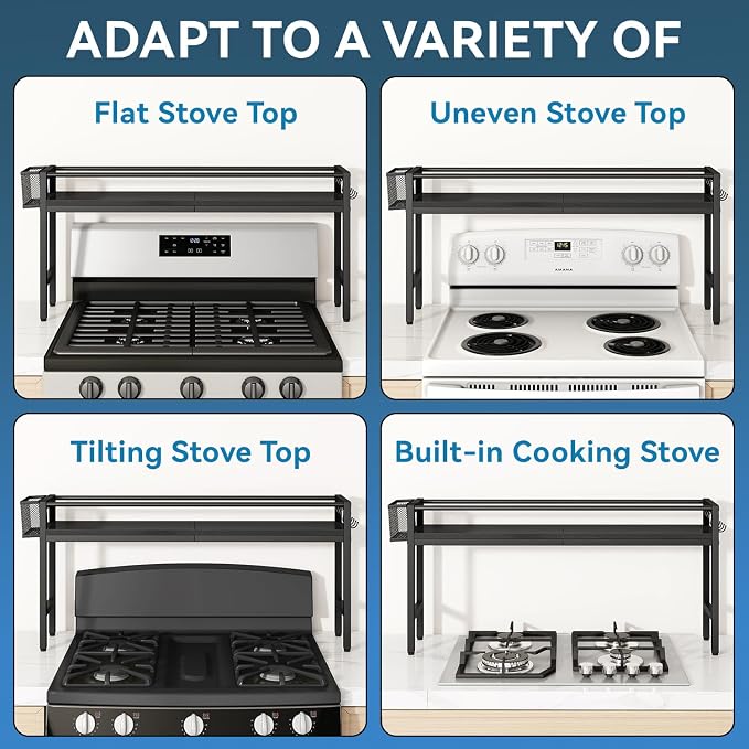 YMYNY 32.5" Spice Rack Over Stove Kitchen Organizer Black UHSR008B | With 4 hooks & side basket, this shelf adds extra countertop storage for spices, utensils, oil bottles and kitchen essentials