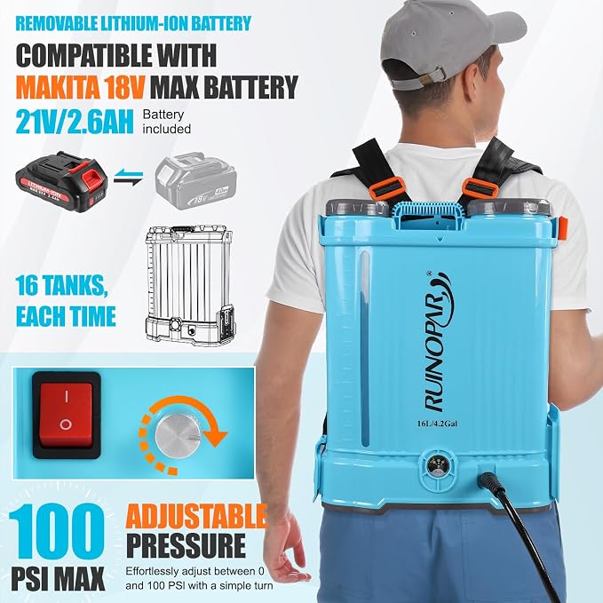 4 Gallon Battery Powered Backpack Sprayer with Auto-Mixing, Dual 21V 2.6Ah Battery, 2 Spray Wands (Stainless & Fiberglass), 100 PSI Garden Sprayer for Lawn Care