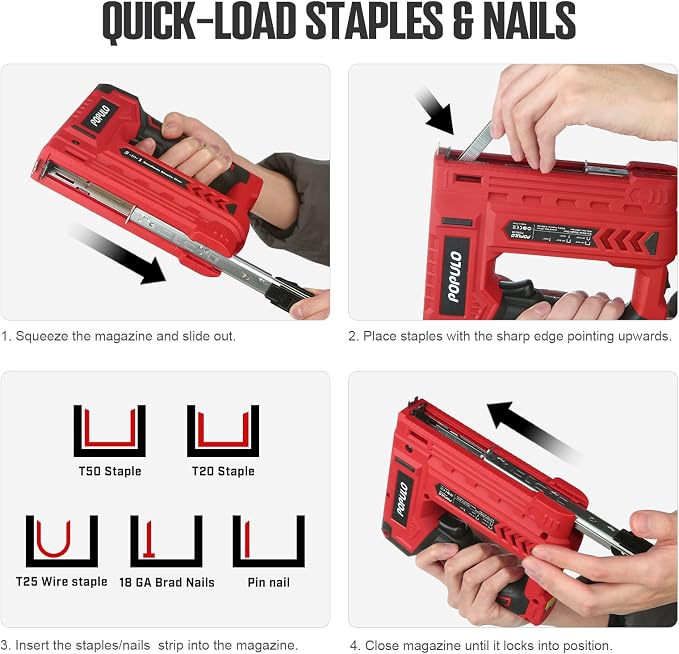 POPULO Electric Staple Gun 5 in 1 Band Nailer, 4V Rechargeable Cordless Stapler, Pin Nail Gun Battery Powered with 2,000 Staples and Nails, Power Wire Staple Gun for Home, Wood, Upholstery, DIY