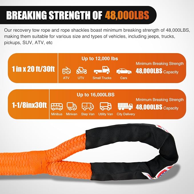 Nilight Kinetic Recovery Rope 48000 LBS 1-1/8in x 30ft Snatch Strap Heavy Duty Offroad Towing Starp Kit Vehicle Recovery kit for UTV ATV SUV Truck Car Jeep Tractor
