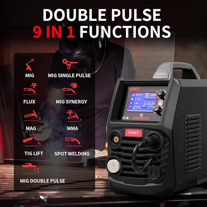 PONEY 200A Double Pulse MIG 9 in 1 Aluminum Welder 220V 2T/4T | MIG/MAG/FLUX/MIG Synergy/Single Pulse MIG/Double Pulse MIG/TIG LIFT/Spot Welding/MMA Multi Process Welding Machine LCD