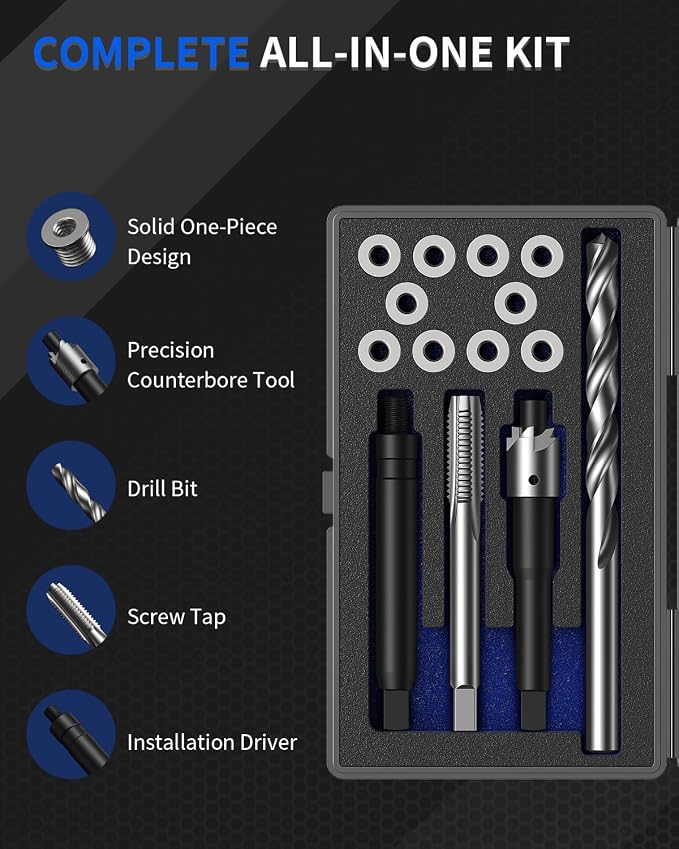 M5x0.8 Metric Thread Repair Kit, with HSS Drill, HSS Tap, Counterbore, Installation Driver, M5x0.8MM 10 pcs 304 Stainless Steel Inserts (7.6mm Length)