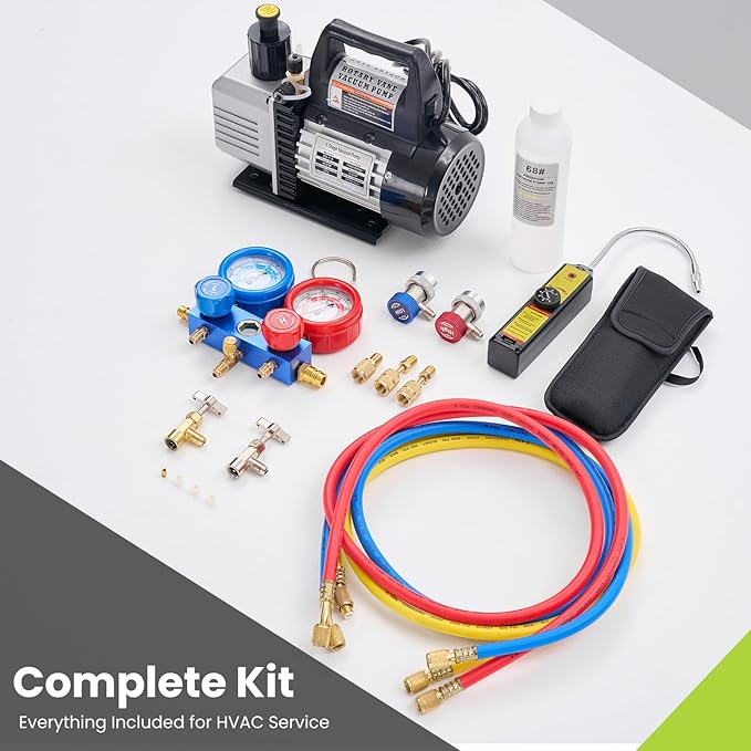 OLIXIS 110V 1/3 HP 4CFM Single Stage Vacuum Pump Kit with R134a Manifold Gauge Set, Leak Detector, 1/4" Hoses & Carry Bag for HVAC AC Refrigeration, ETL Listed, Blue