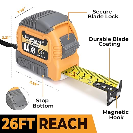 MulWark Wide Tape Measure 25 ft, Double Secure Blade Lock Tape Measure Retractable with Stop Button, Both-Side Metal Blade, Magnetic Hook for Construction, Carpenter, Architect, Woodworking