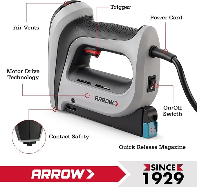 Arrow T50ACD Heavy Duty Corded Electric Staple Gun for Upholstery, Furniture, Office, Decorating, Fits 1/4", 5/16”, 3/8", or 1/2" Staples